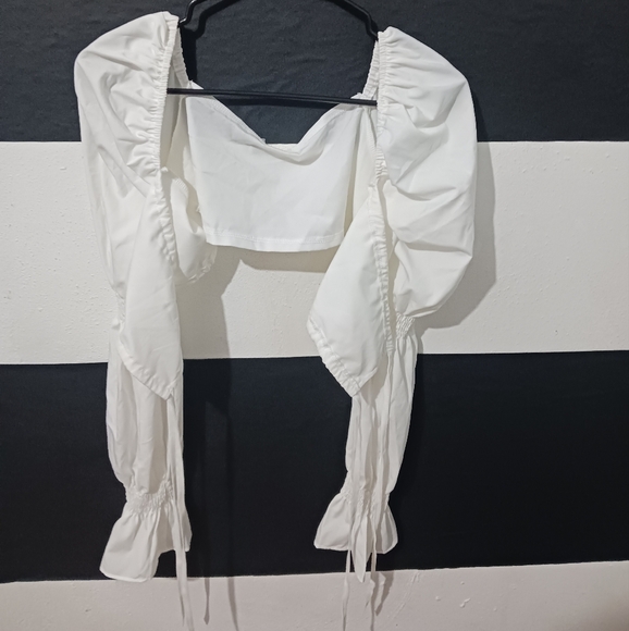 Women sexy white tie puffer elastic long sleeve top - Picture 2 of 16